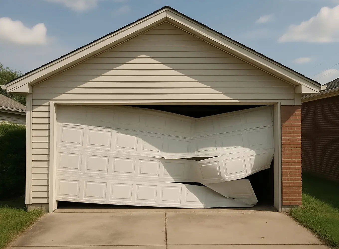 AI generated image of a garage door that has been hit by a car and needs repair or replacement services near the metro east area