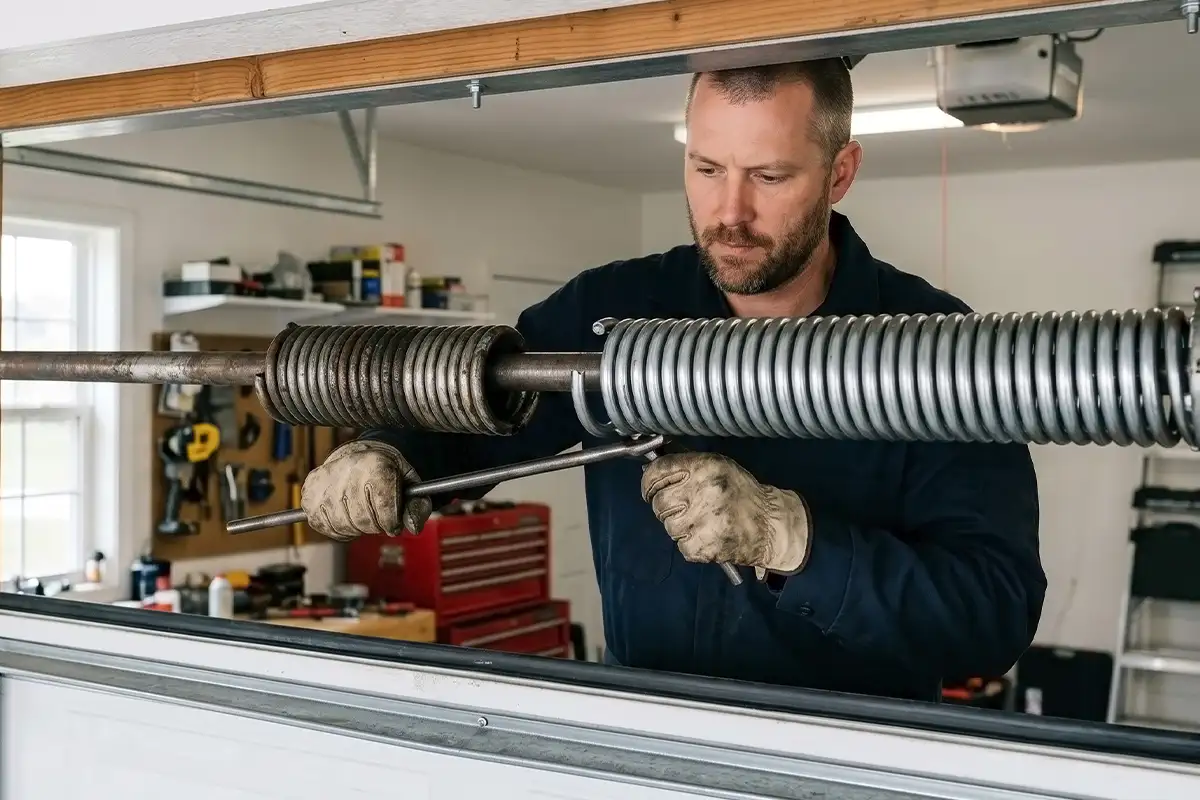 Tri County Garage Door Company—A professional garage door technician replacing a broken garage door spring at a home in Edwardsville, IL.
